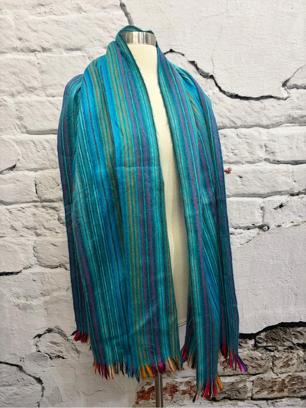 Colorful Striped Oversized Long Wide Scarf Shall Brilliant Teals Greens Pinks